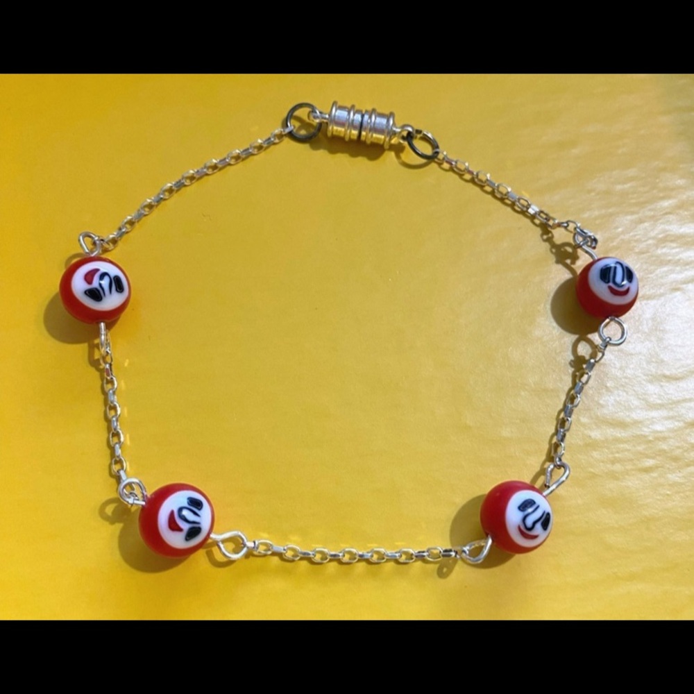 Red Smiley Bead Silver Chain Ankle Bracelet